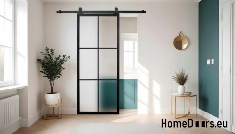 Sliding door 90 Loft 6S FROST glass steel black milk glass at hand